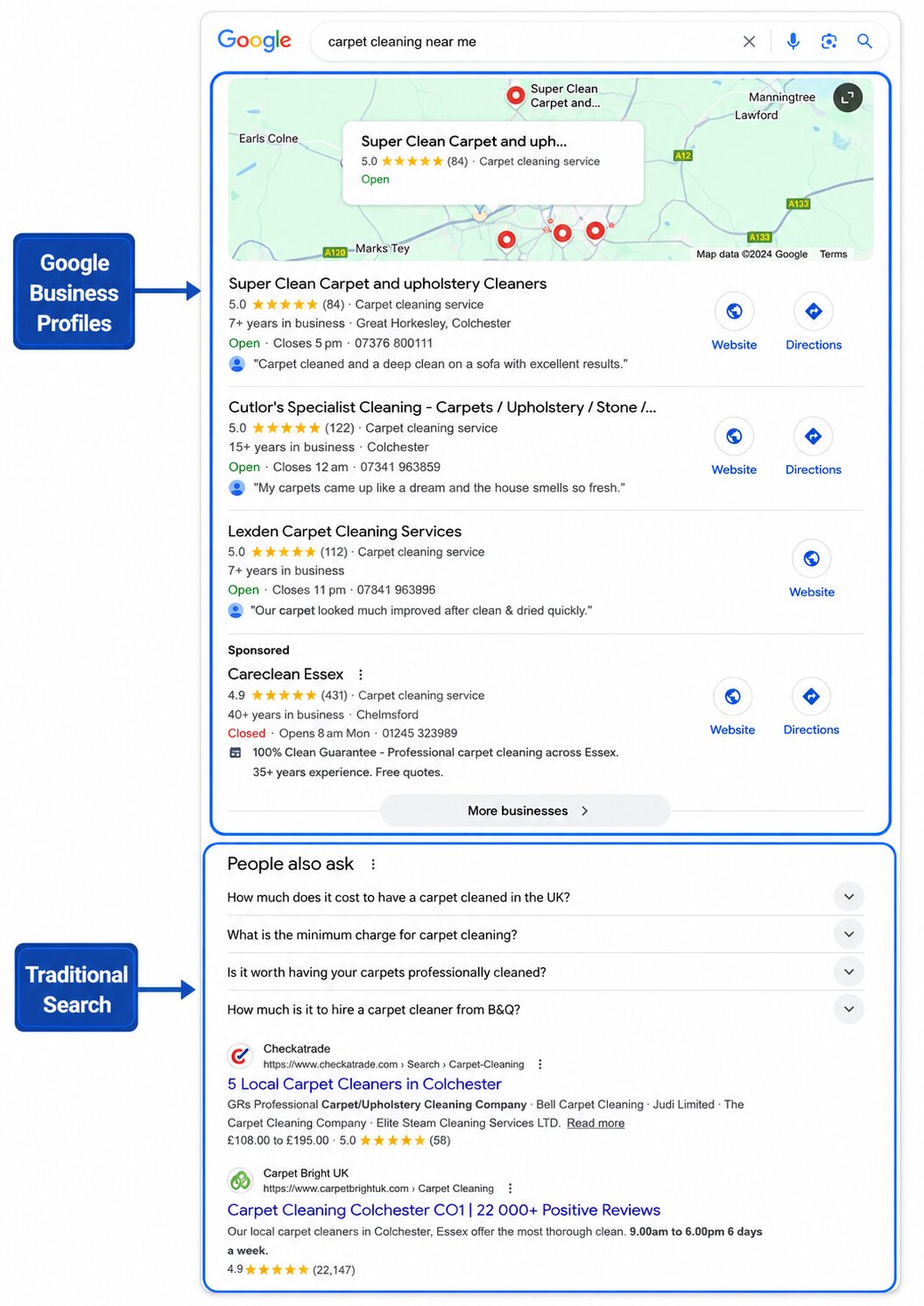 Google search results showing Google Business Profiles and traditional search listings for carpet cleaners in Essex