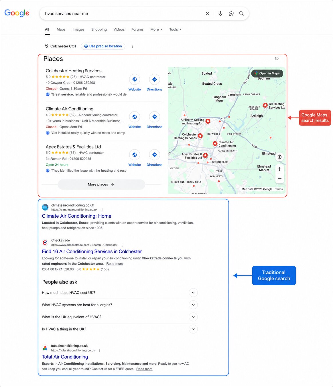 Google search results showing Google Business Profiles and traditional search listings for HVAC companies in Essex