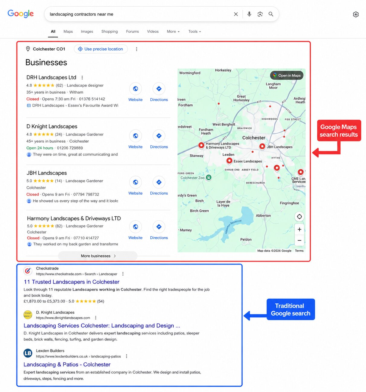 Google search results showing Google Business Profiles and traditional search listings for landscapers in Essex